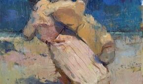 "Przyjaciele z balonem", 2020, olej na płótnie, 80x80 cm